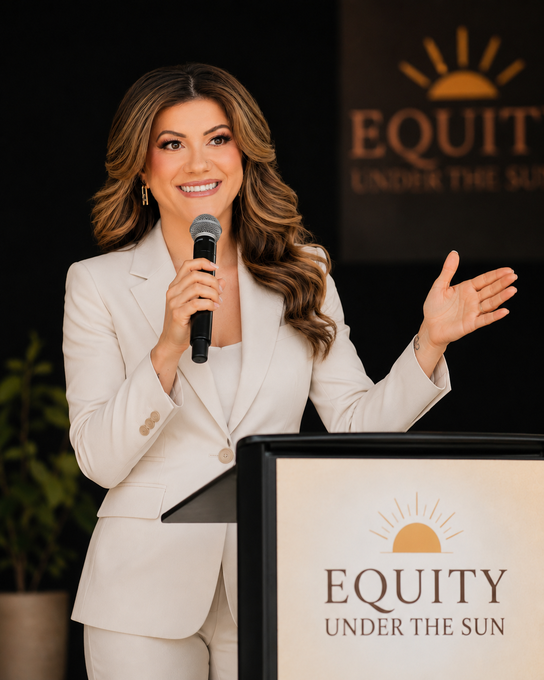 Andrea Sparr, DMSc, PA-C, founder of Equity Under the Sun, speaking at a podium