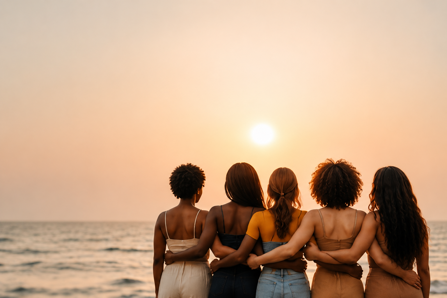 Five women of different skin tones embracing as they watch the sunset over the ocean