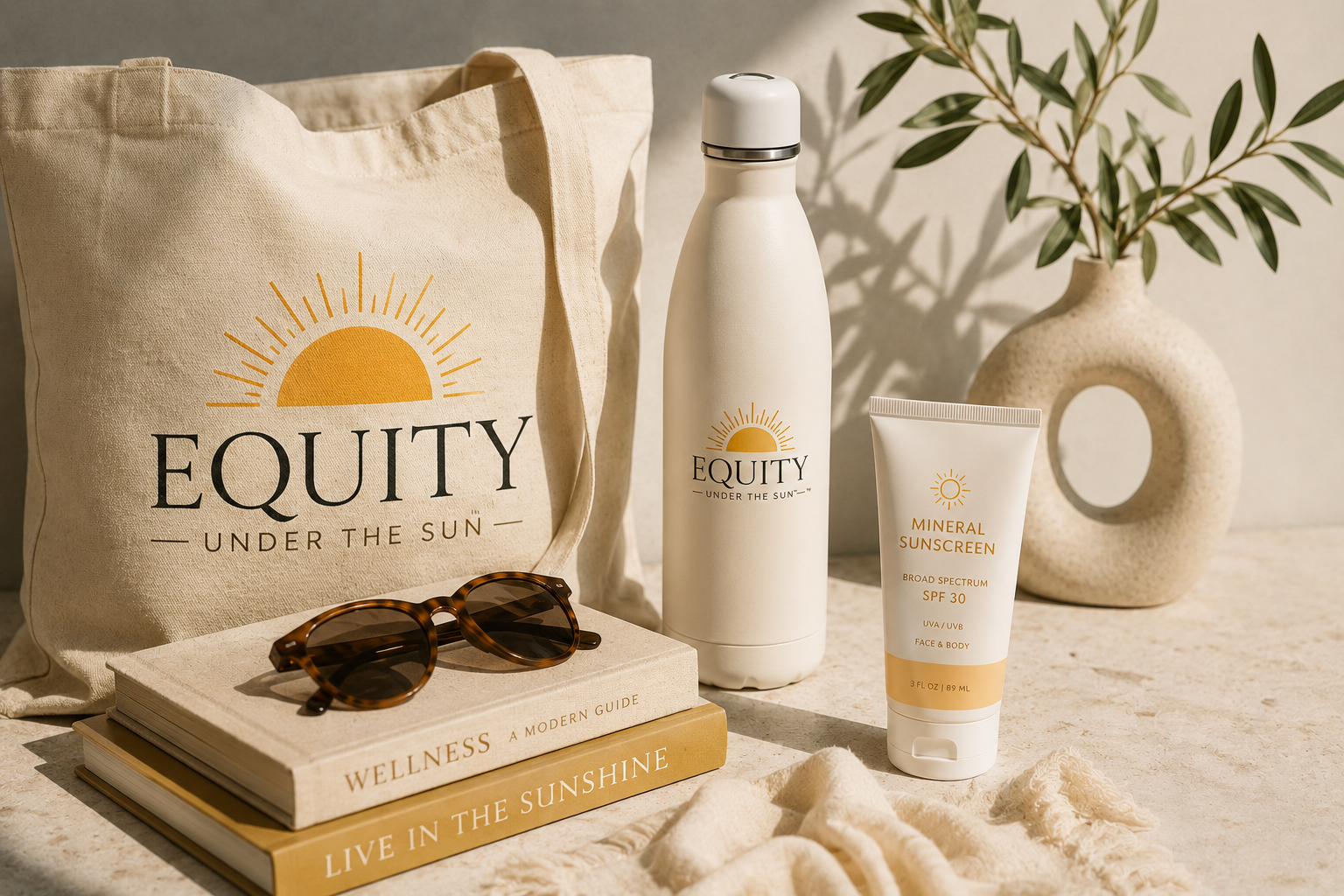 Equity Under the Sun tote bag, water bottle and mineral sunscreen