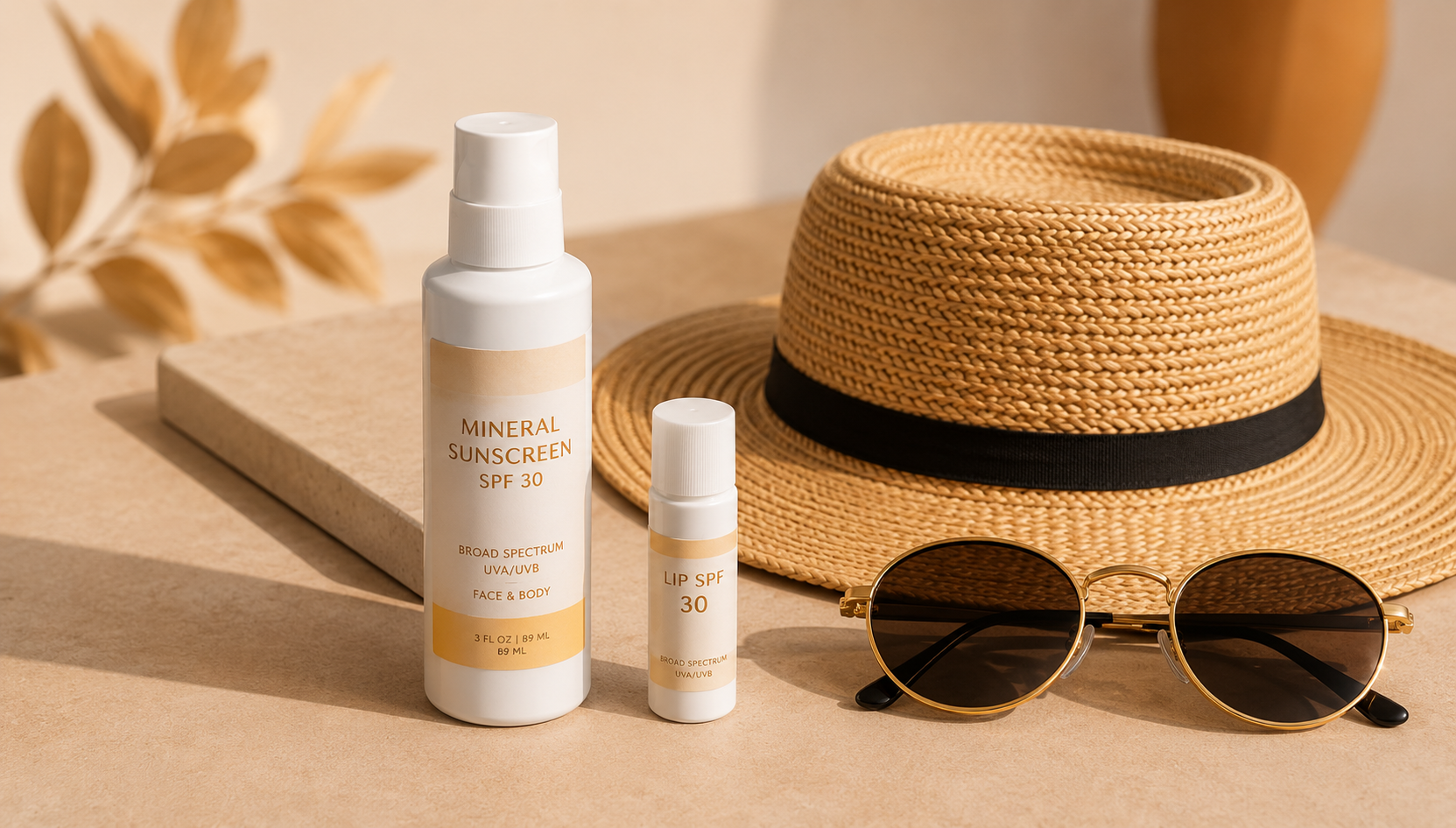 Mineral sunscreen, a sun hat and sunglasses arranged on warm sand