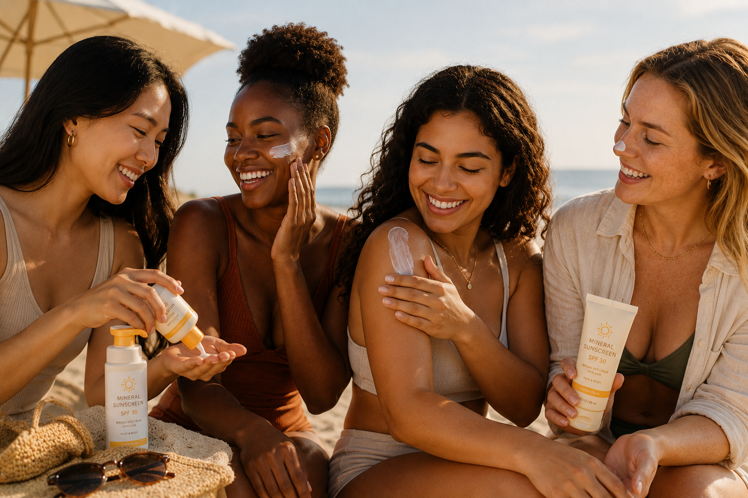 Four women of different skin tones laughing together and applying mineral sunscreen at the beach